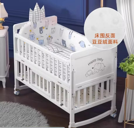 Multi-Functional White Wood Baby Crib with 5-Piece Bedding Set, Bedside Sleeper & Rocking Cradle