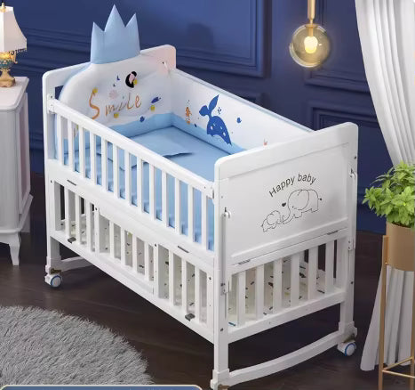 Multi-Functional White Wood Baby Crib with 5-Piece Bedding Set, Bedside Sleeper & Rocking Cradle