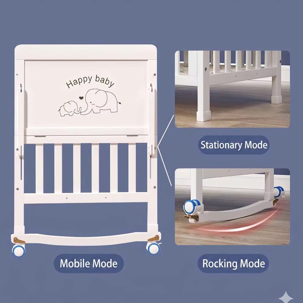 Multi-Functional White Wood Baby Crib with 5-Piece Bedding Set, Bedside Sleeper & Rocking Cradle