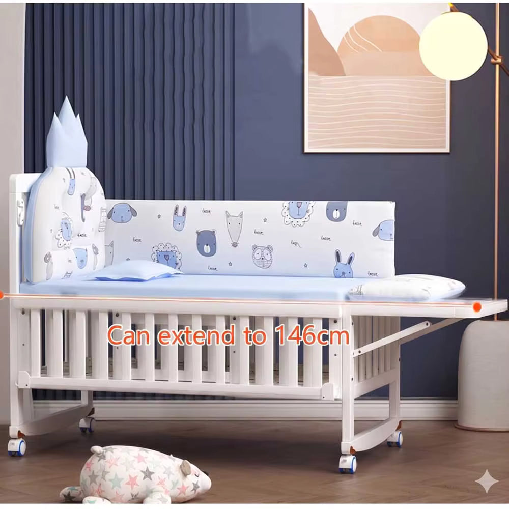 Multi-Functional White Wood Baby Crib with 5-Piece Bedding Set, Bedside Sleeper & Rocking Cradle