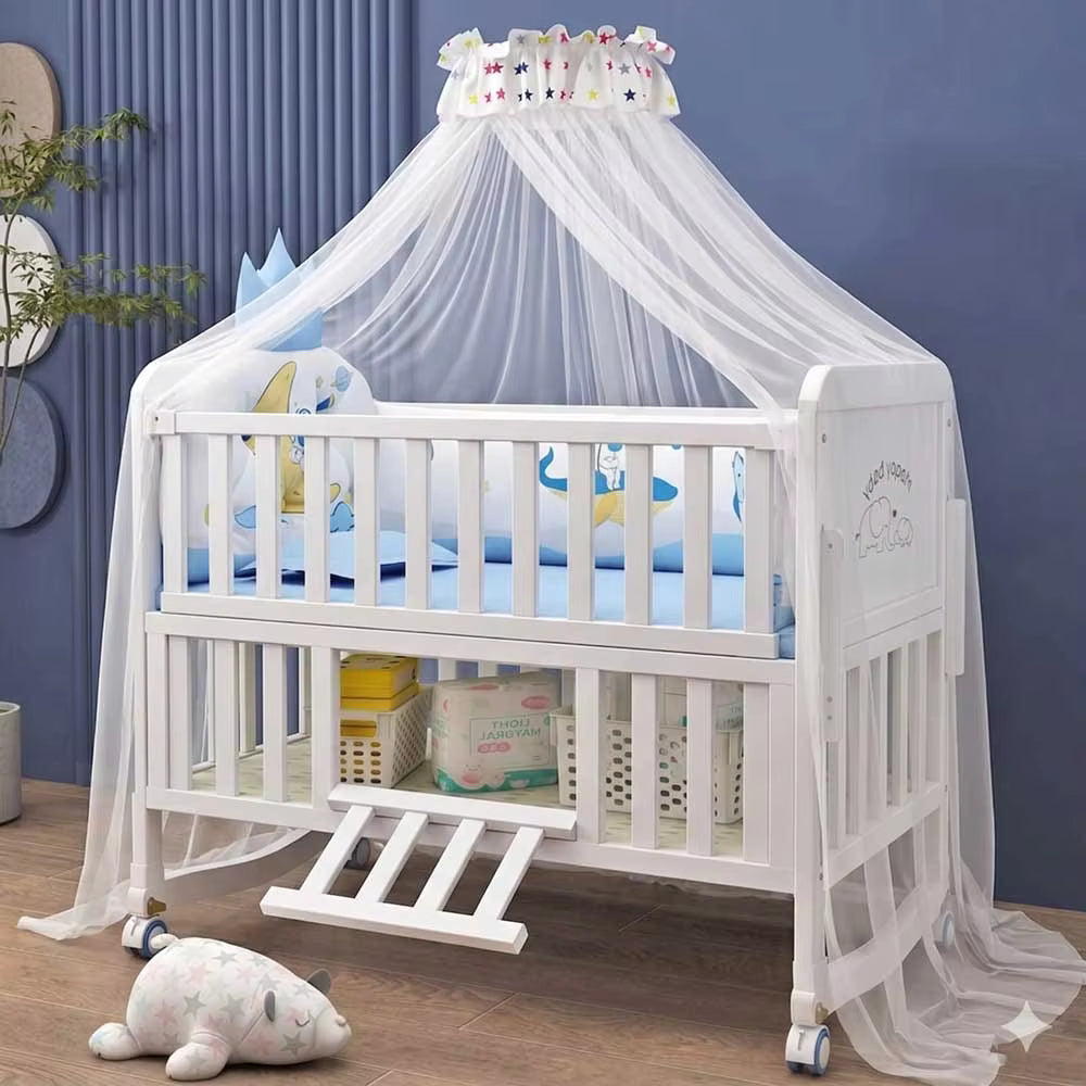 Multi-Functional White Wood Baby Crib with 5-Piece Bedding Set, Bedside Sleeper & Rocking Cradle
