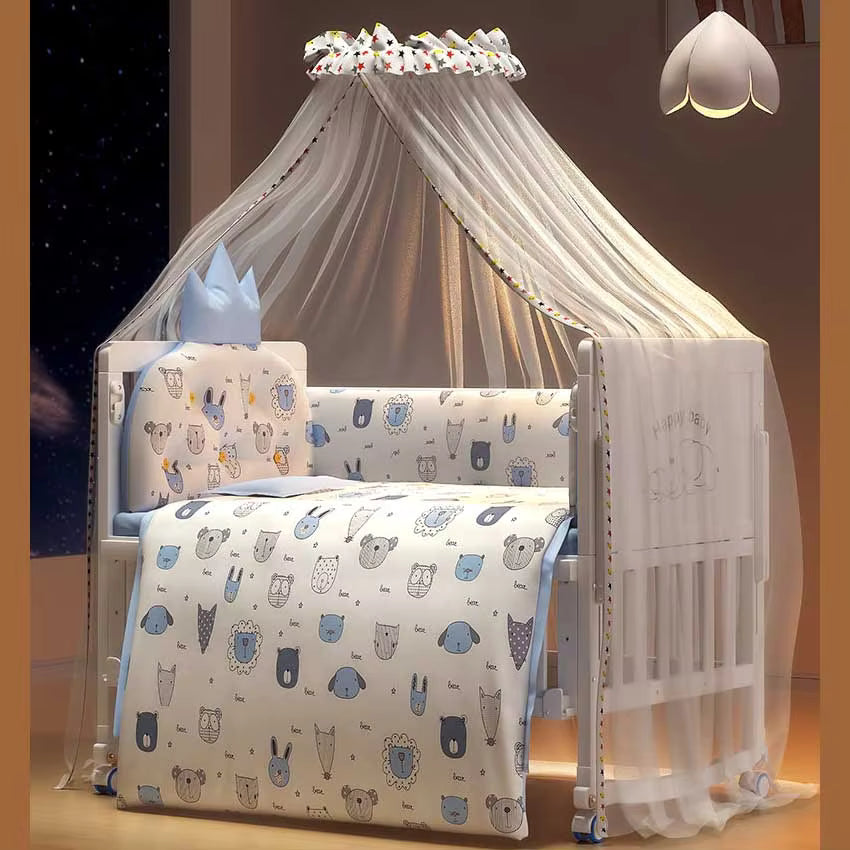 Multi-Functional White Wood Baby Crib with 5-Piece Bedding Set, Bedside Sleeper & Rocking Cradle
