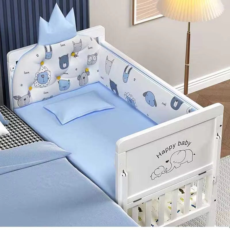 Multi-Functional White Wood Baby Crib with 5-Piece Bedding Set, Bedside Sleeper & Rocking Cradle