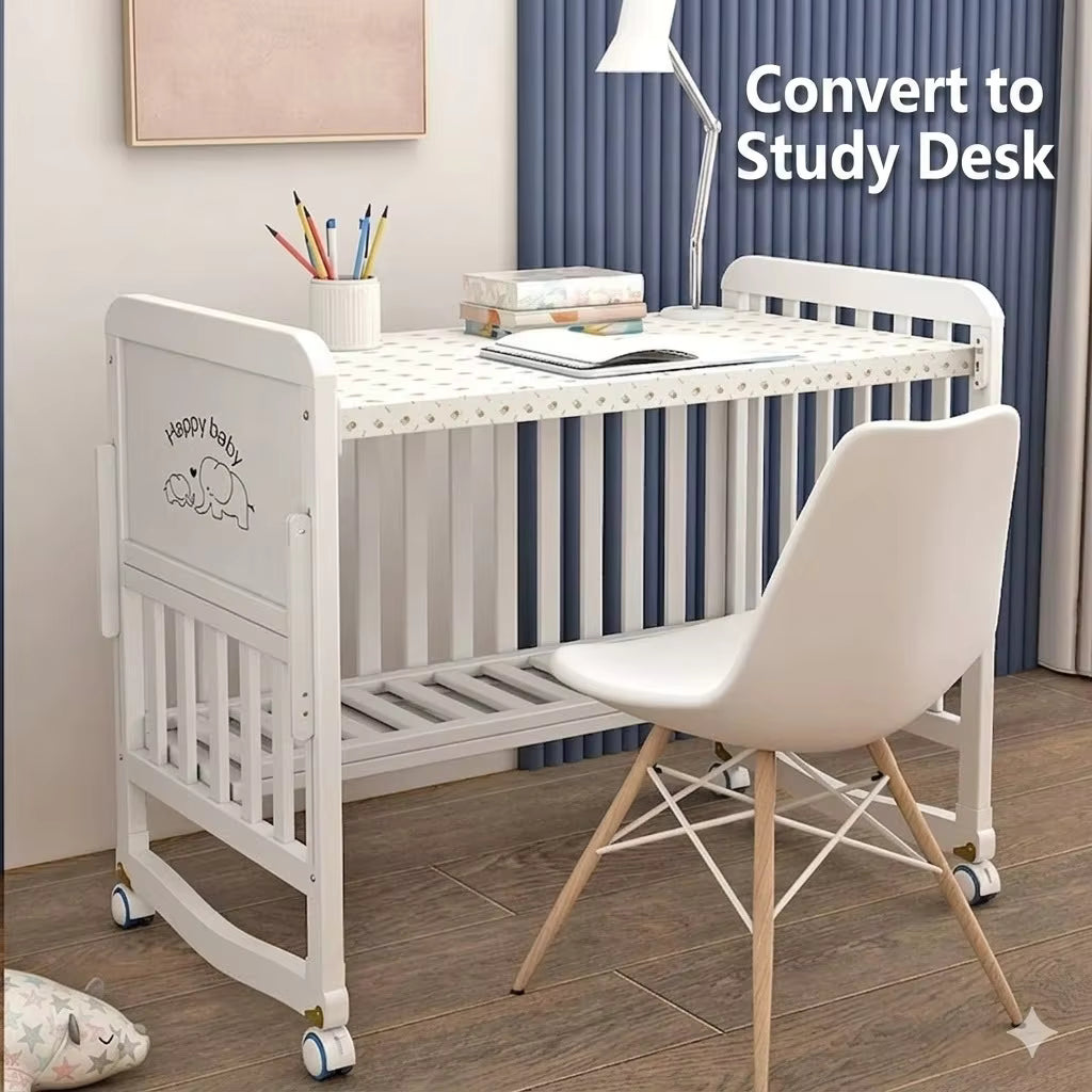 Multi-Functional White Wood Baby Crib with 5-Piece Bedding Set, Bedside Sleeper & Rocking Cradle