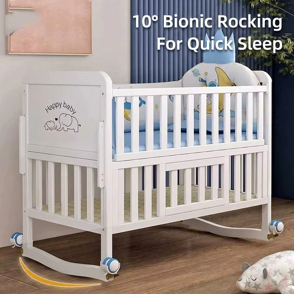Multi-Functional White Wood Baby Crib with 5-Piece Bedding Set, Bedside Sleeper & Rocking Cradle